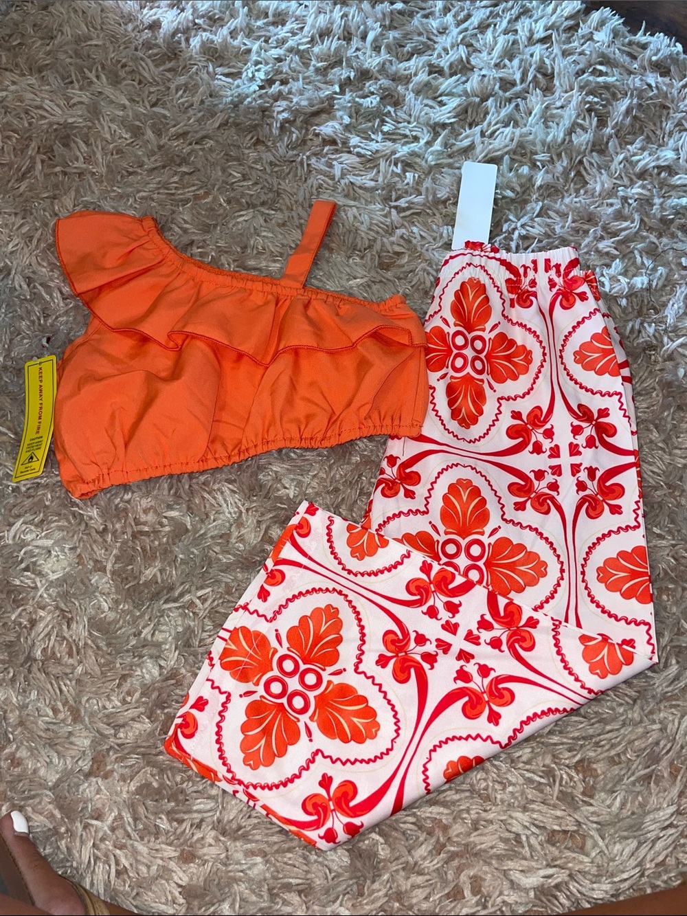 Orange Ruffle Crop Top with Patterned High-Waist Pants Set
